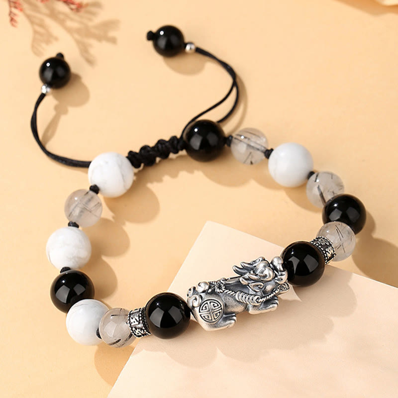 Nimara Ritual Pi Xiu Six True Words 999 Sterling Silver Black Obsidian White Turquoise Chrysoberyl Luck Bracelet