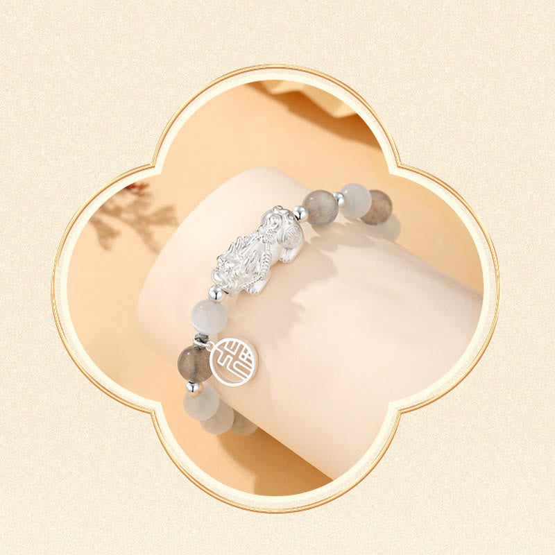 Nimara Ritual Pi Xiu Six True Words 999 Sterling Silver Black Obsidian White Turquoise Chrysoberyl Luck Bracelet