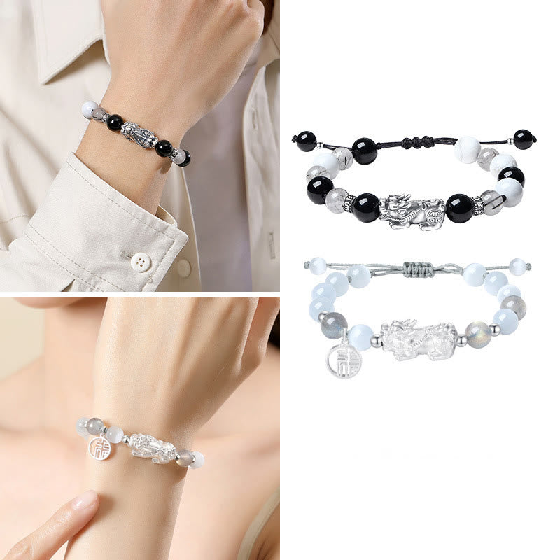 Nimara Ritual Pi Xiu Six True Words 999 Sterling Silver Black Obsidian White Turquoise Chrysoberyl Luck Bracelet