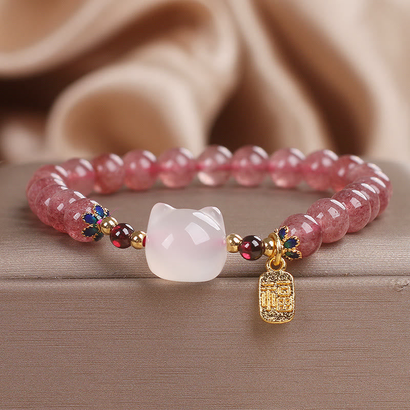 Nimara Ritual Strawberry Quartz White Jade Cat Fu Character Healing Bracelet