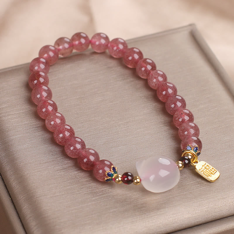 Nimara Ritual Strawberry Quartz White Jade Cat Fu Character Healing Bracelet