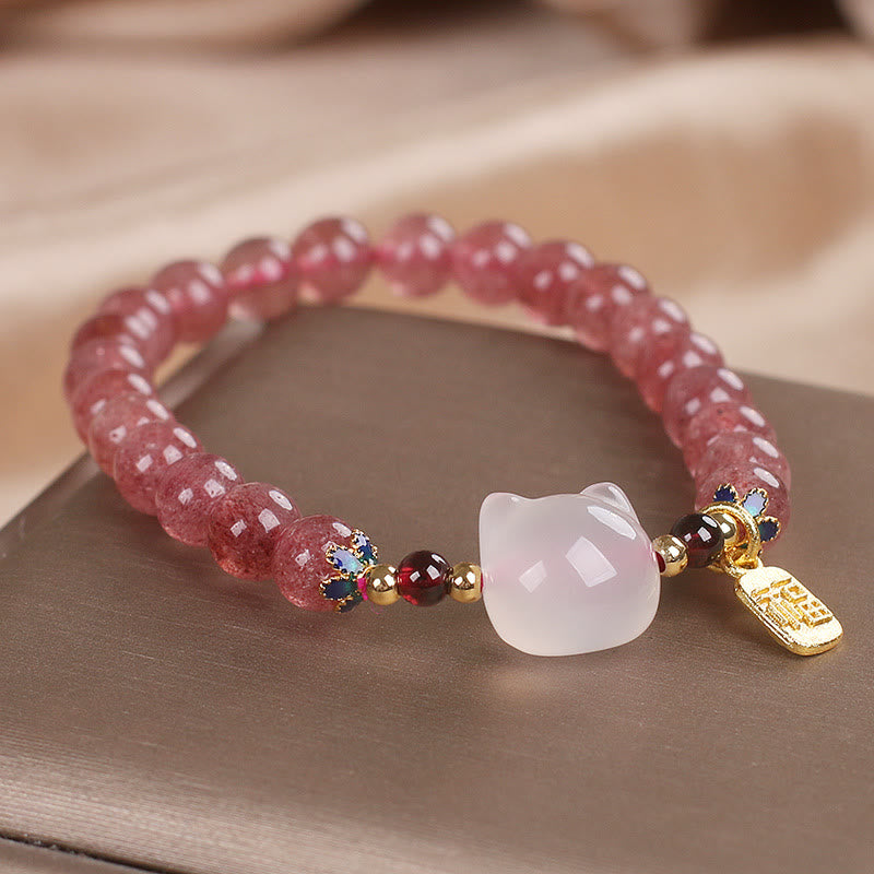 Nimara Ritual Strawberry Quartz White Jade Cat Fu Character Healing Bracelet