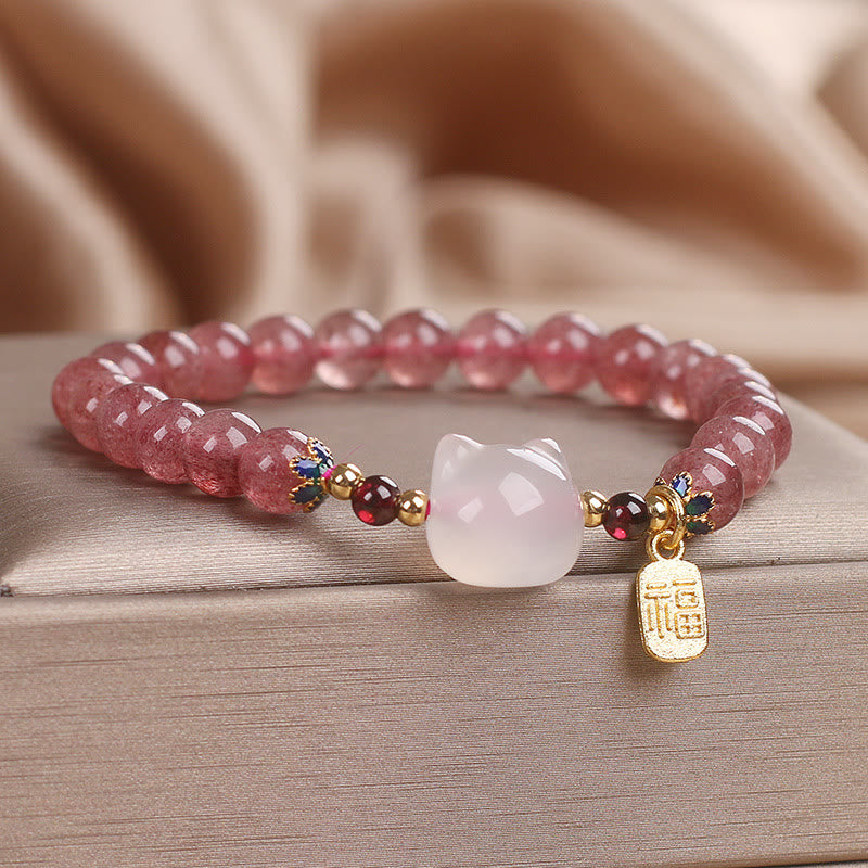 Nimara Ritual Strawberry Quartz White Jade Cat Fu Character Healing Bracelet