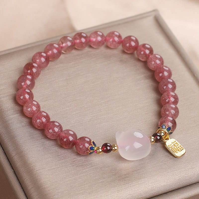 Nimara Ritual Strawberry Quartz White Jade Cat Fu Character Healing Bracelet