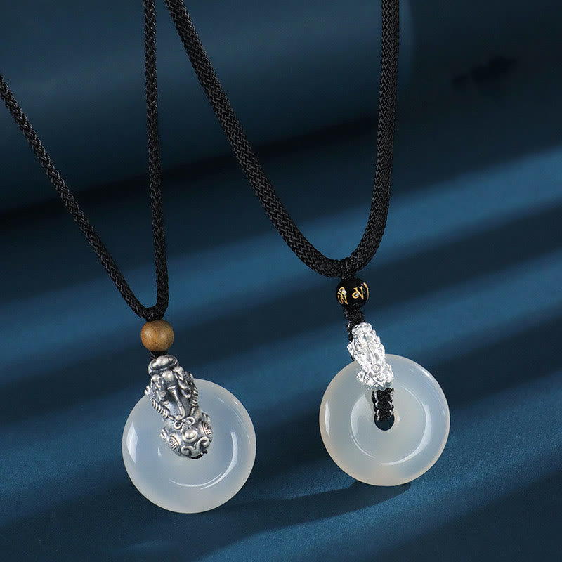 Nimara Ritual White Agate 999 Sterling Silver Black Onyx Green Sandalwood Pi Xiu Peace Buckle Six True Words Necklace Pendant
