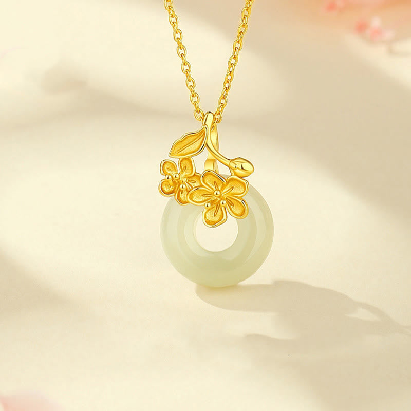 Nimara Ritual Hetian Jade 999 Sterling Silver Peace Buckle Peach Blossom Necklace Pendant