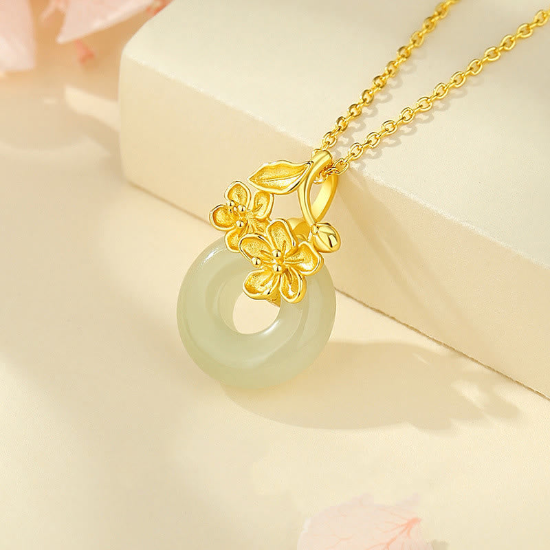 Nimara Ritual Hetian Jade 999 Sterling Silver Peace Buckle Peach Blossom Necklace Pendant
