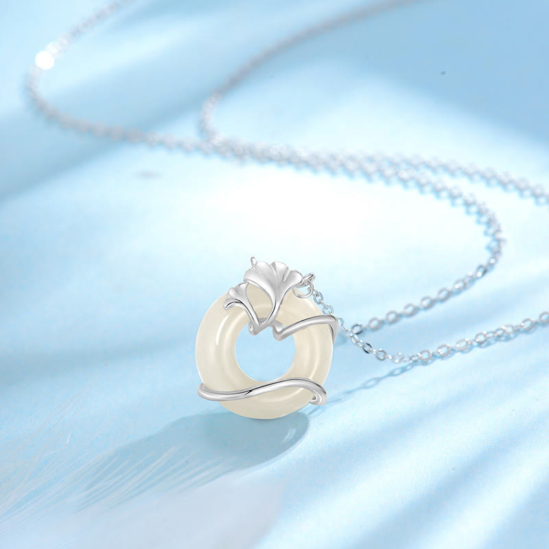 Nimara Ritual Hetian Jade 925 Sterling Silver Peace Buckle Ginkgo Leaf Necklace Pendant