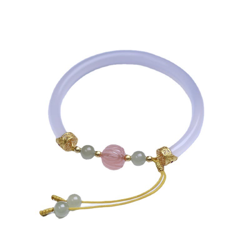 Nimara Ritual Natural White Agate Lotus Hetian Jade Beads Positive Bracelet Bangle