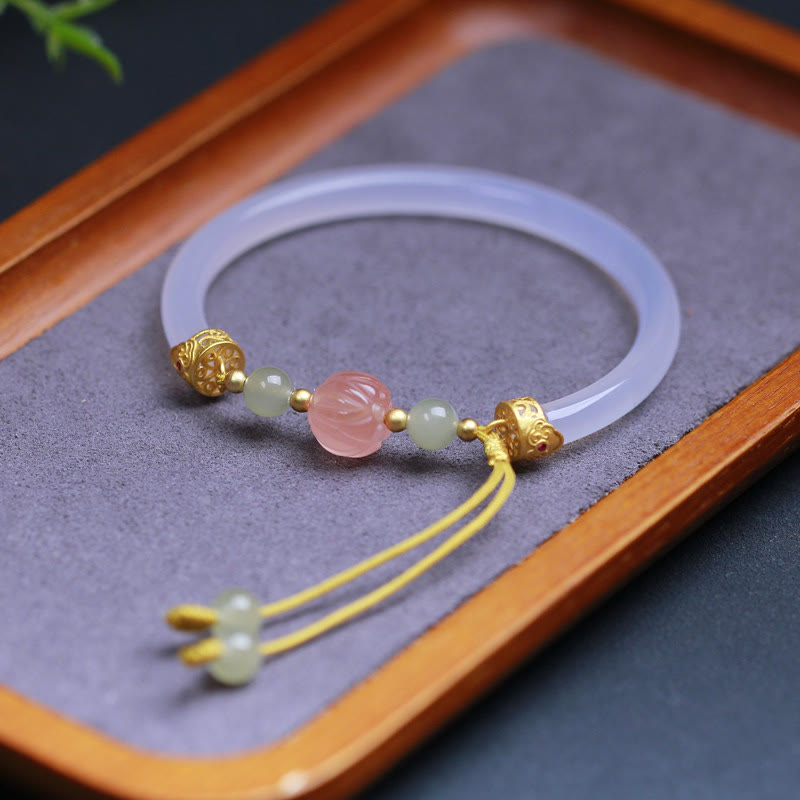Nimara Ritual Natural White Agate Lotus Hetian Jade Beads Positive Bracelet Bangle
