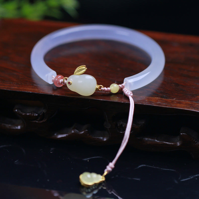 Nimara Ritual Natural White Agate Hetian Jade Rabbit Positive Bracelet Bangle