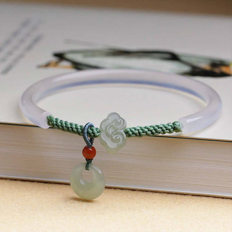 Nimara Ritual Natural White Agate Hetian Jade Peace Buckle Auspicious Clouds Positive Bracelet Bangle