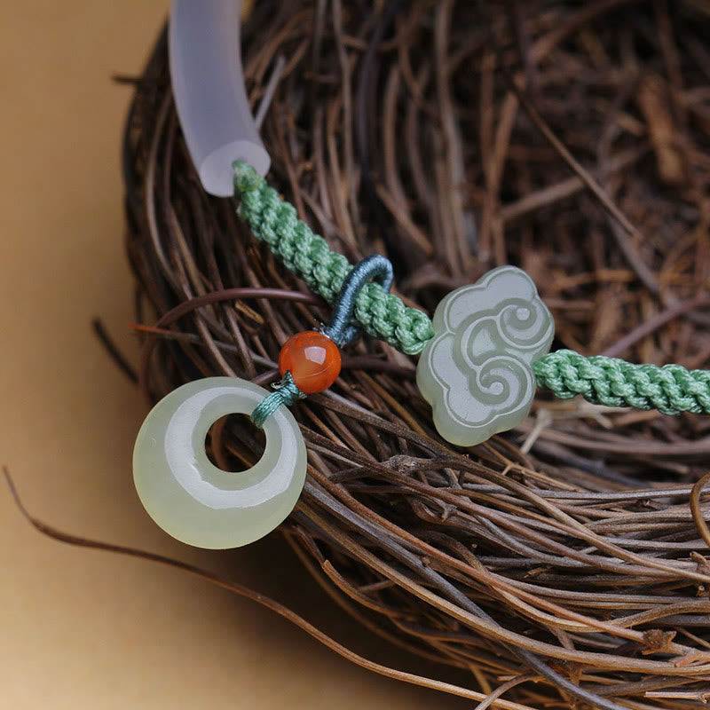 Nimara Ritual Natural White Agate Hetian Jade Peace Buckle Auspicious Clouds Positive Bracelet Bangle