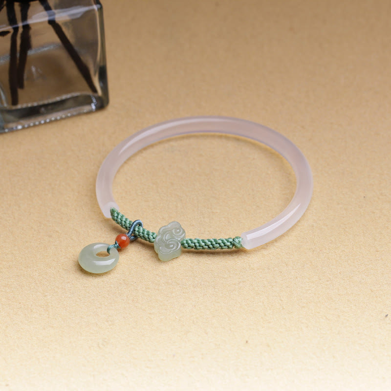 Nimara Ritual Natural White Agate Hetian Jade Peace Buckle Auspicious Clouds Positive Bracelet Bangle