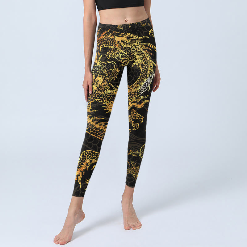 Nimara Ritual Golden Dragon Print Gym Leggings Women's Yoga Pants