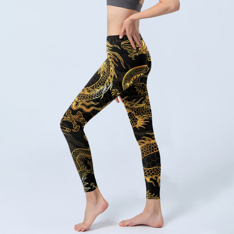 Nimara Ritual Golden Dragon Print Gym Leggings Women's Yoga Pants