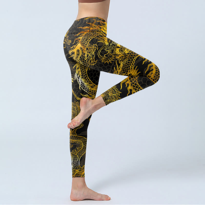 Nimara Ritual Golden Dragon Print Gym Leggings Women's Yoga Pants