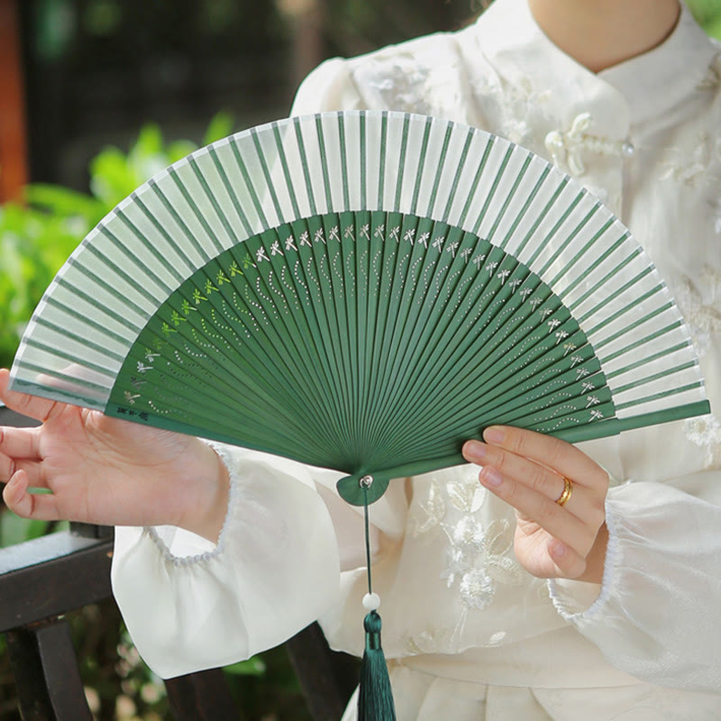 Nimara Ritual Solid Color Dragonfly Tassel Handheld Mulberry Silk Bamboo Folding Fan