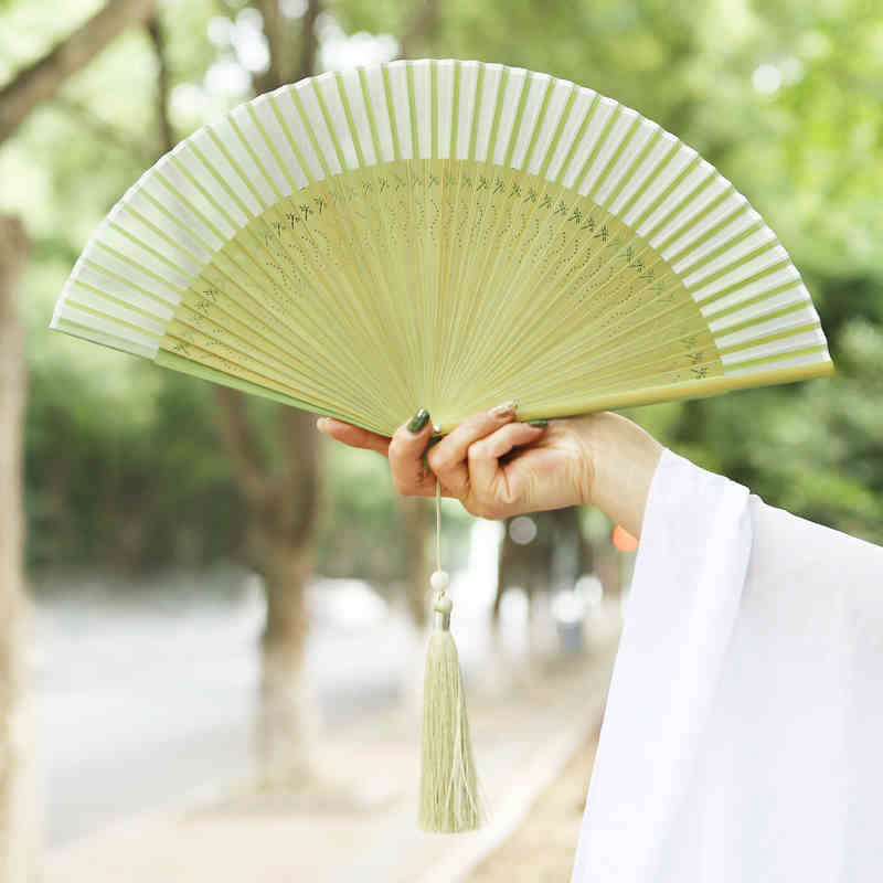 Nimara Ritual Solid Color Dragonfly Tassel Handheld Mulberry Silk Bamboo Folding Fan