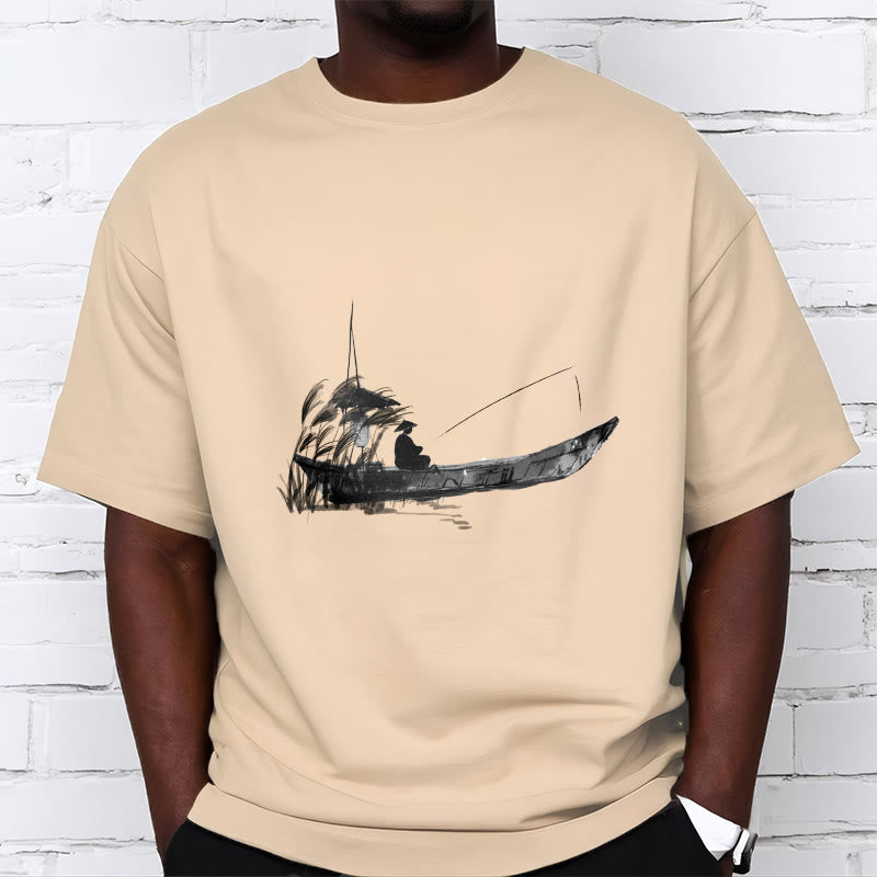 Nimara Ritual Boat Fishing Grass Pattern Cotton Tee T-shirt