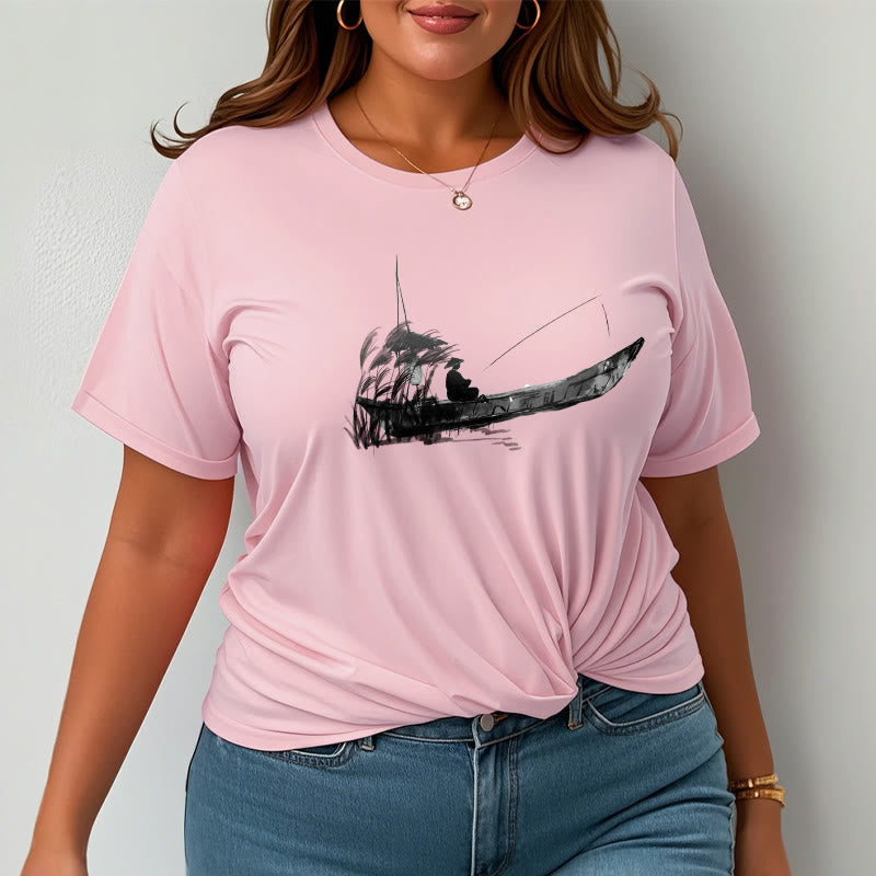 Nimara Ritual Boat Fishing Grass Pattern Cotton Tee T-shirt