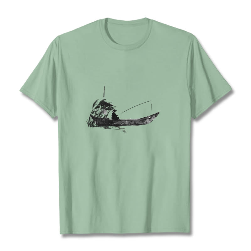 Nimara Ritual Boat Fishing Grass Pattern Cotton Tee T-shirt