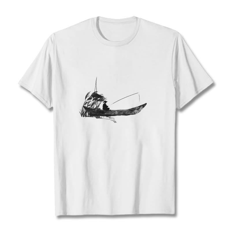 Nimara Ritual Boat Fishing Grass Pattern Cotton Tee T-shirt
