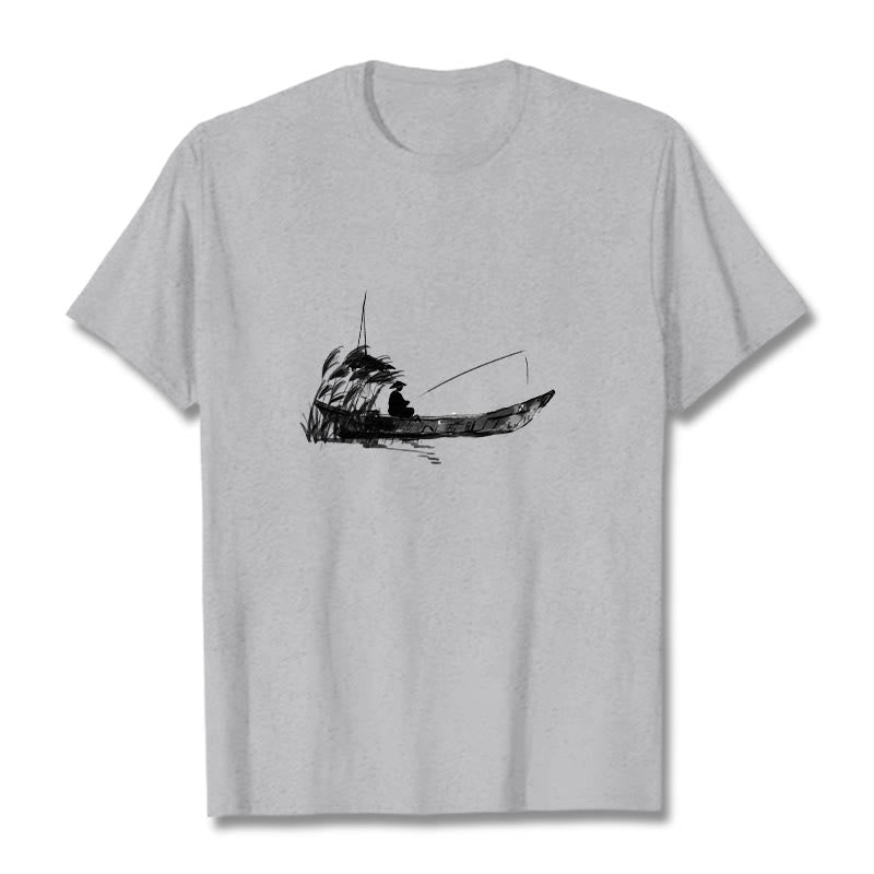 Nimara Ritual Boat Fishing Grass Pattern Cotton Tee T-shirt