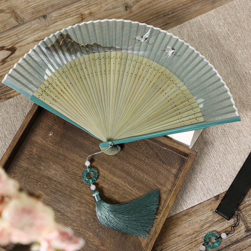 Nimara Ritual Retro Mountain River Crane Silk Handheld Bamboo Folding Fan