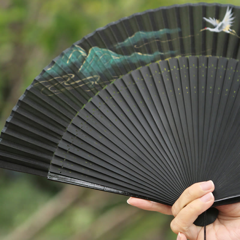 Nimara Ritual Retro Mountain River Crane Silk Handheld Bamboo Folding Fan