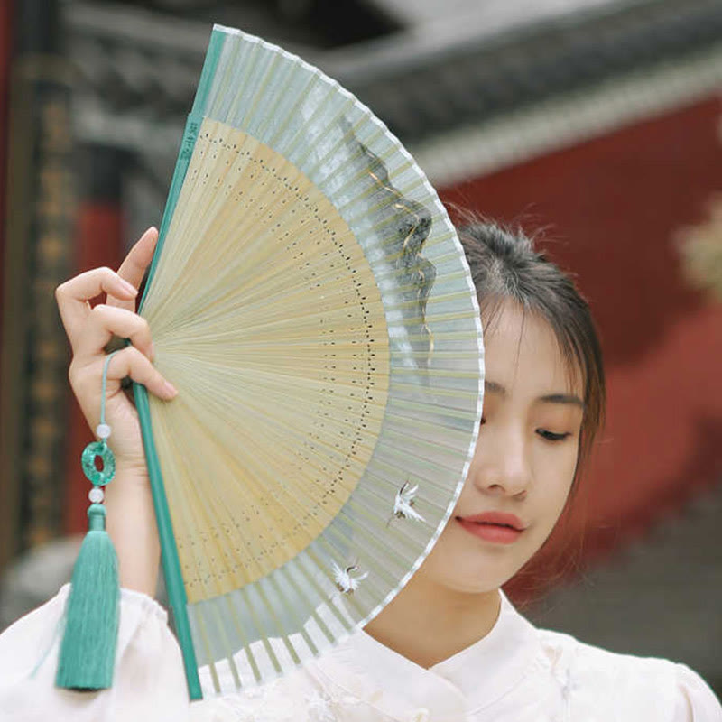 Nimara Ritual Retro Mountain River Crane Silk Handheld Bamboo Folding Fan