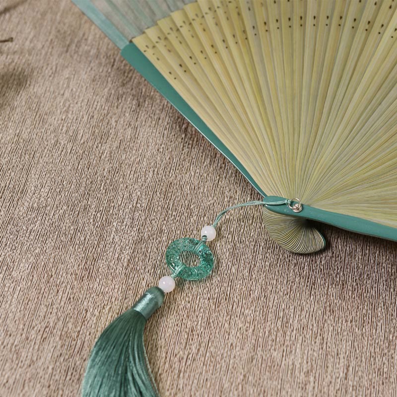 Nimara Ritual Retro Mountain River Crane Silk Handheld Bamboo Folding Fan