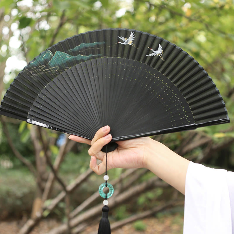 Nimara Ritual Retro Mountain River Crane Silk Handheld Bamboo Folding Fan
