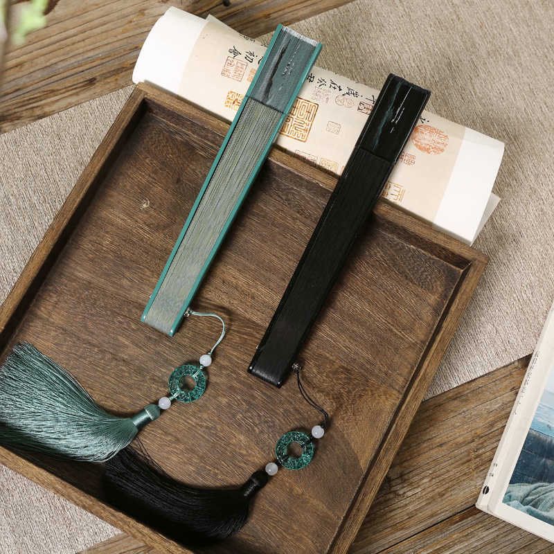 Nimara Ritual Retro Mountain River Crane Silk Handheld Bamboo Folding Fan