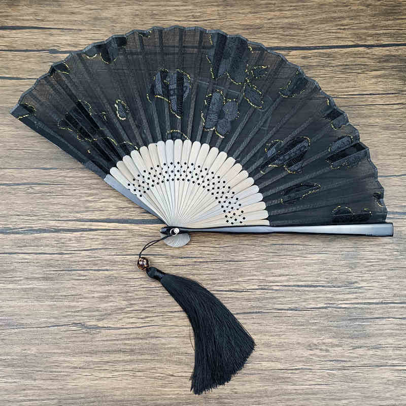 Nimara Ritual Retro Leaves Flower Silk Handheld Bamboo Folding Fan