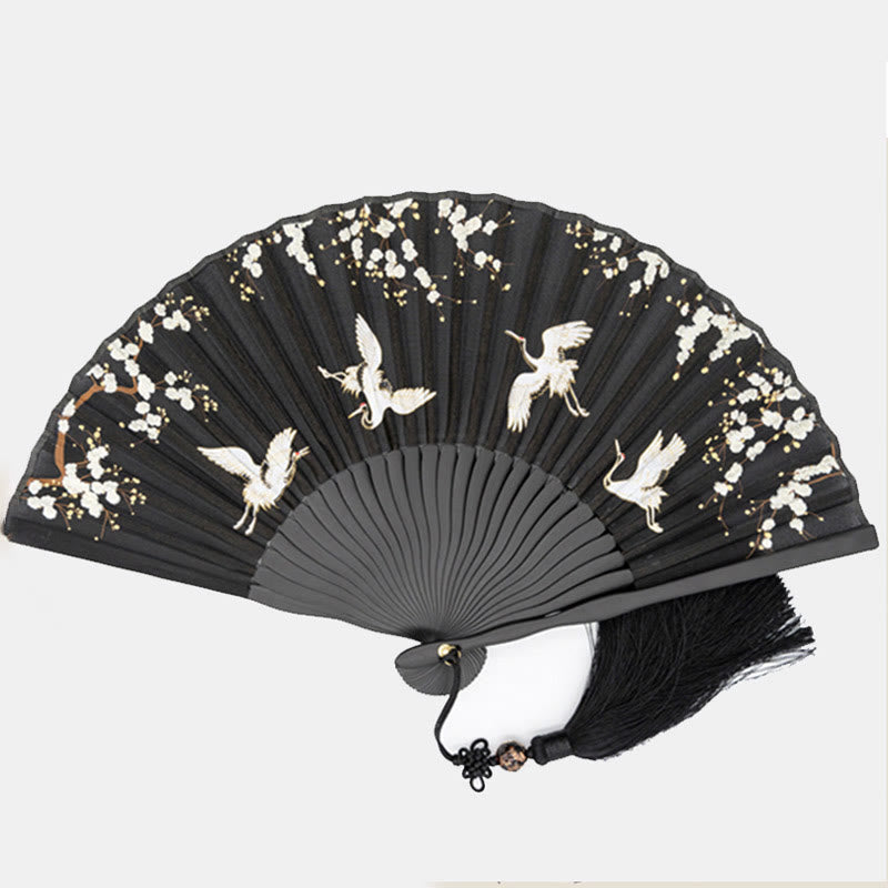 Nimara Ritual Plum Blossom Crane Silk Handheld Bamboo Folding Fan
