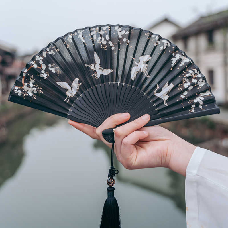 Nimara Ritual Plum Blossom Crane Silk Handheld Bamboo Folding Fan