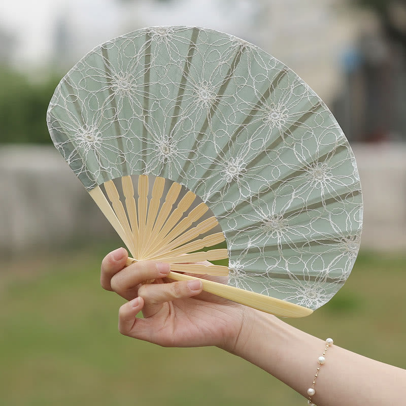 Nimara Ritual Retro Large Flower Embroidery Shell Shape Tassels Handheld Bamboo Folding Fan