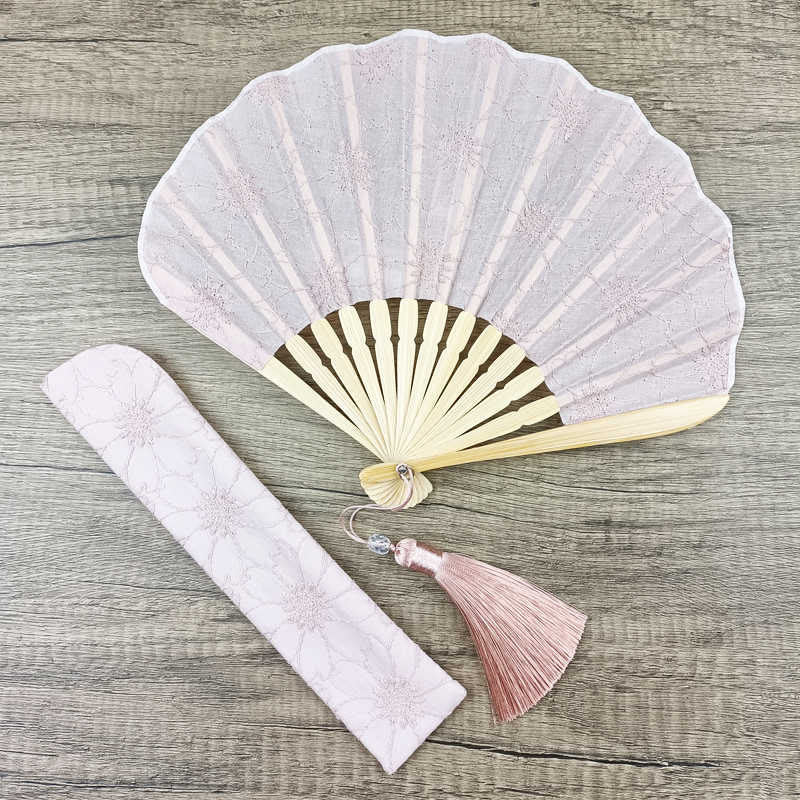 Nimara Ritual Retro Large Flower Embroidery Shell Shape Tassels Handheld Bamboo Folding Fan