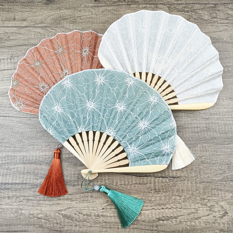 Nimara Ritual Retro Large Flower Embroidery Shell Shape Tassels Handheld Bamboo Folding Fan