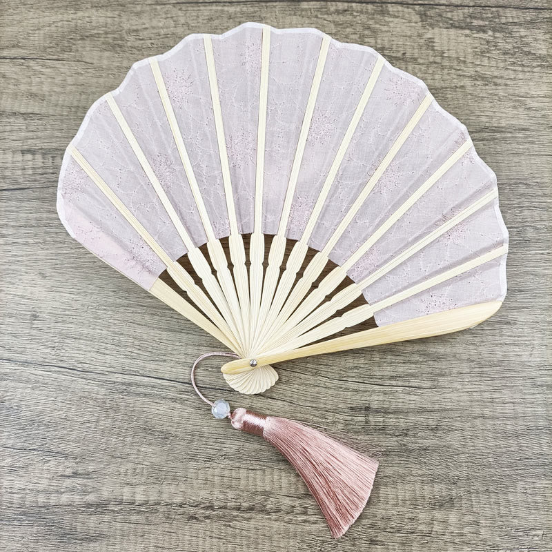 Nimara Ritual Retro Large Flower Embroidery Shell Shape Tassels Handheld Bamboo Folding Fan