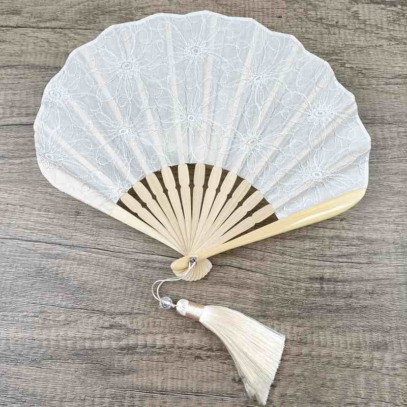 Nimara Ritual Retro Large Flower Embroidery Shell Shape Tassels Handheld Bamboo Folding Fan