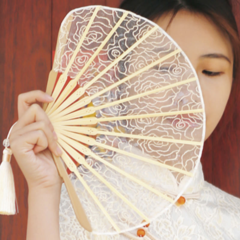 Nimara Ritual Rose Embroidery Lace Shell Shape Tassels Handheld Bamboo Folding Fan