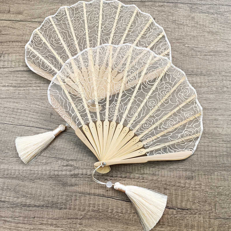 Nimara Ritual Rose Embroidery Lace Shell Shape Tassels Handheld Bamboo Folding Fan