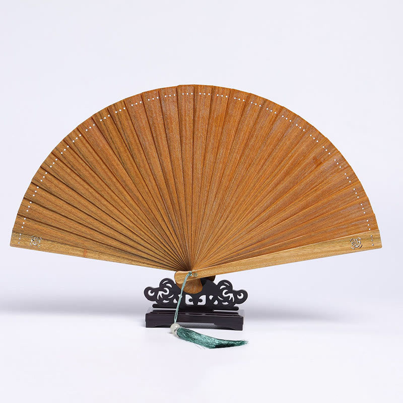 Nimara Ritual Auspicious Clouds Crane Peacock Chang'e Moon Engraved Pattern Handheld Green Sandalwood Folding Fan