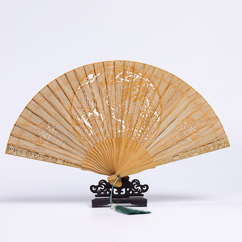Nimara Ritual Auspicious Clouds Crane Peacock Chang'e Moon Engraved Pattern Handheld Green Sandalwood Folding Fan