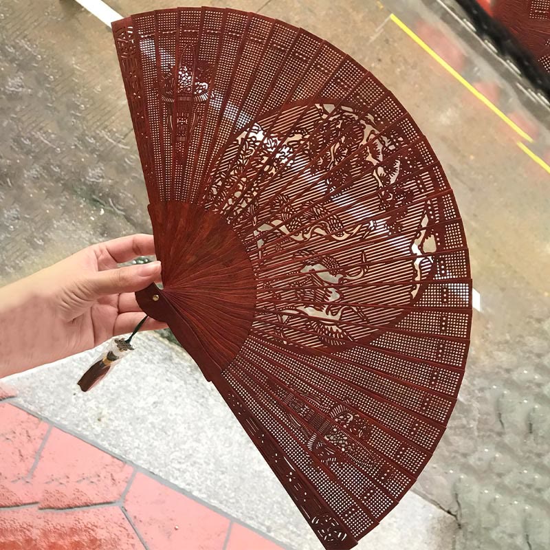 Nimara Ritual Crane Peacock Chang'e Moon Engraved Pattern Handheld Small Leaf Red Sandalwood Folding Fan