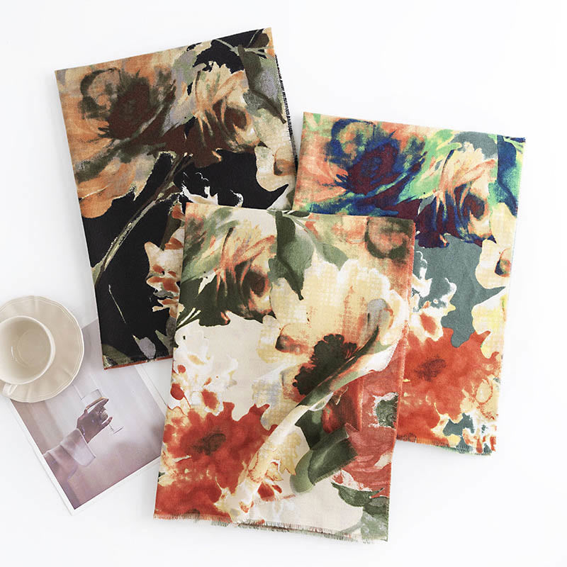 Nimara Ritual Tibetan Chinese Retro Ink Painting Flower Print Shawl Fall Winter Cozy Warm Scarf Wrap