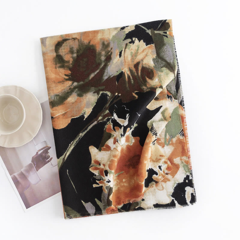 Nimara Ritual Tibetan Chinese Retro Ink Painting Flower Print Shawl Fall Winter Cozy Warm Scarf Wrap