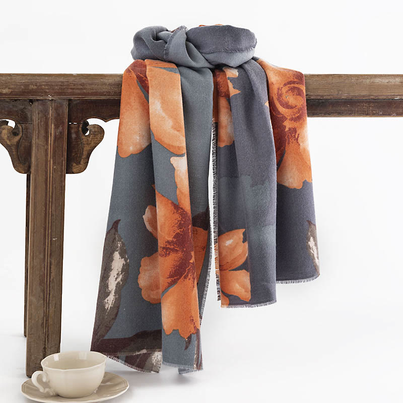 Nimara Ritual Tibetan Shawl Artistic Style Hibiscus Syriacus Print Fall Winter Cozy Warm Scarf Wrap